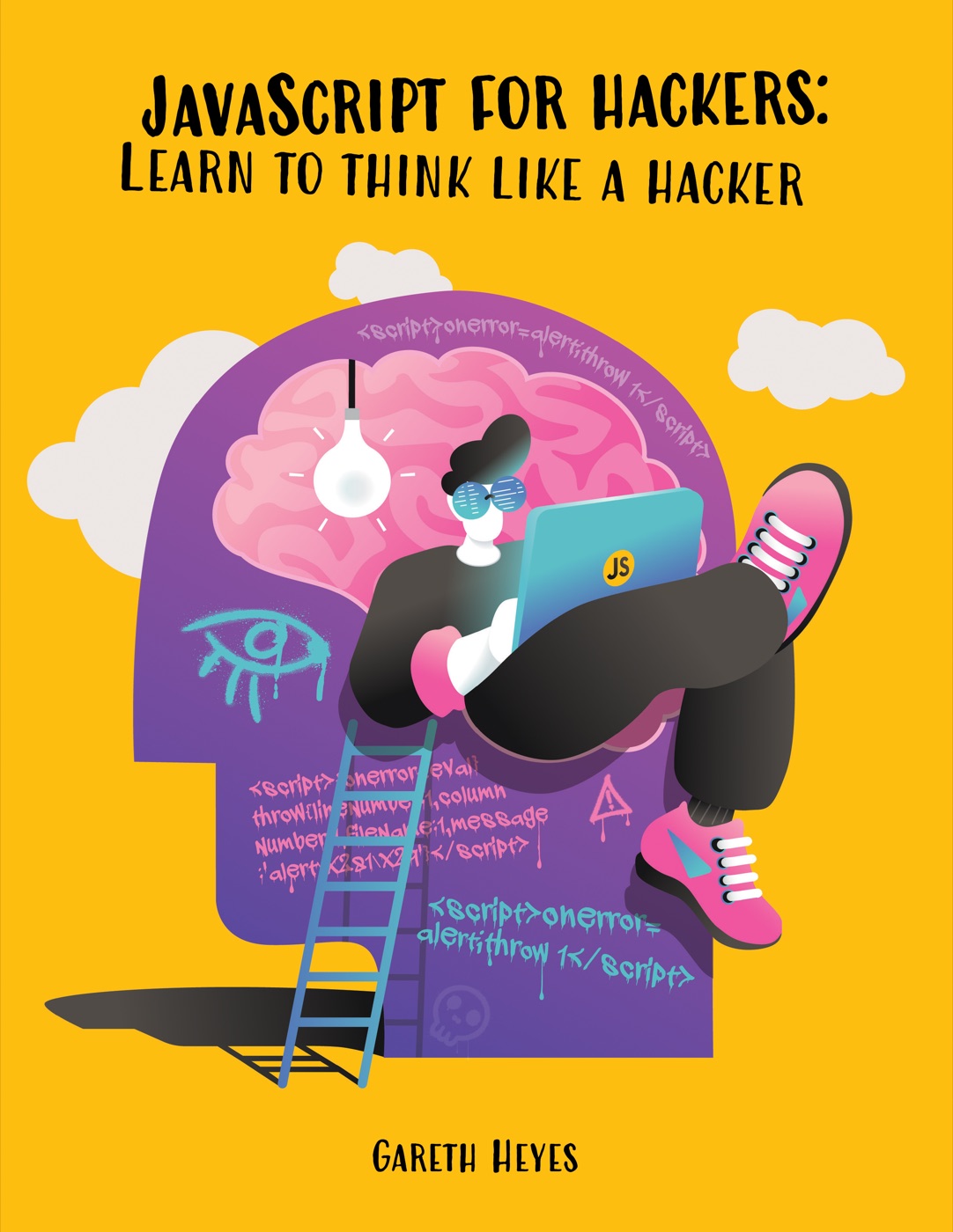 JavaScript for hackers book cover: a purple illustrated head reclining with a laptop on a bright yellow background.